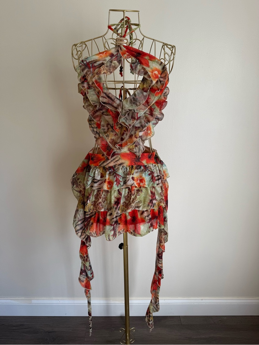 Backless Ruffled Halter Dress in Orange and Green Floral